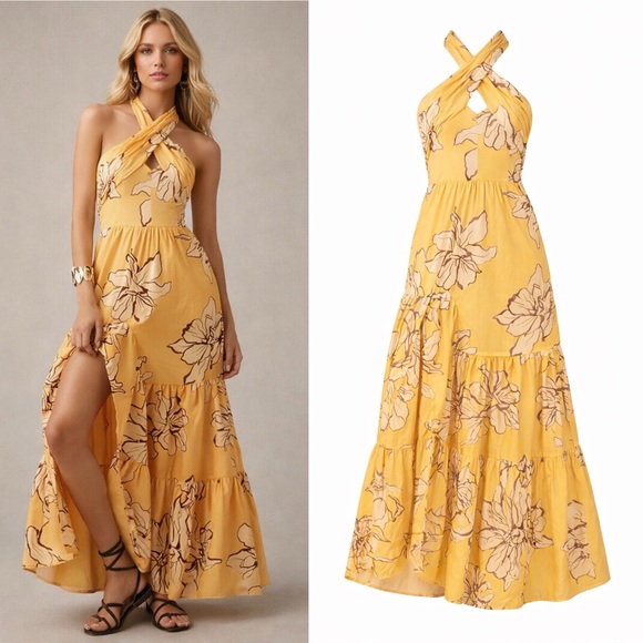HUTCH Floral Halter Maxi Dress Maize Yellow Adjustable Neck Ruffle Slit 6 NEW - Picture 1 of 14